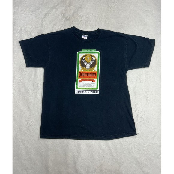 Vintage Y2K Jagermeister Label Logo Black Graphic T-Shirt Men’s Size Large - Picture 1 of 8